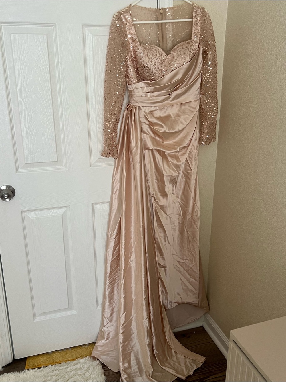 Long-Sleeve Sequin Bodice Satin Gown in Champagne